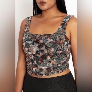 BLACKMILK Overgrown Skulls Sheer Ruched TANK TOP! Reversible Goth Cropped Mesh